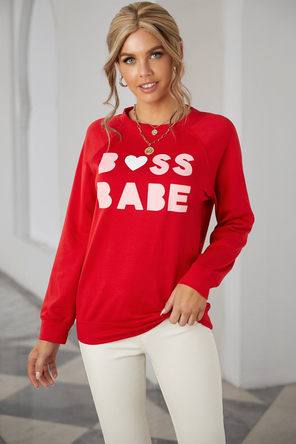 Crew Neck Letter Print Valentine Sweatshirt